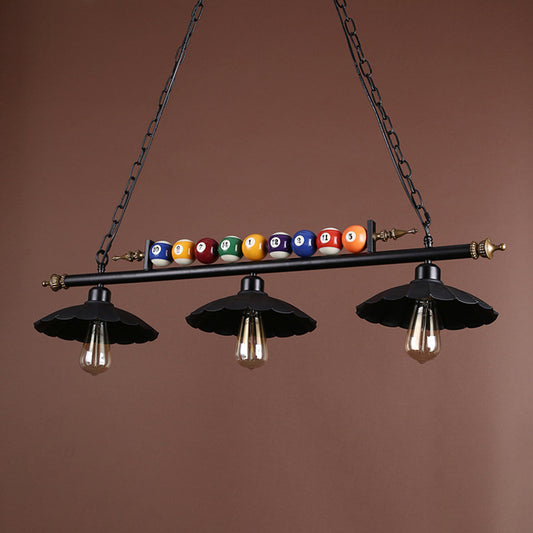 2/3-Light Scalloped Pool Table Light with Billiard Ball Decoration Vintage Metallic Hanging Light in Black Clearhalo 'Ceiling Lights' 'Island Lights' Lighting' 602030