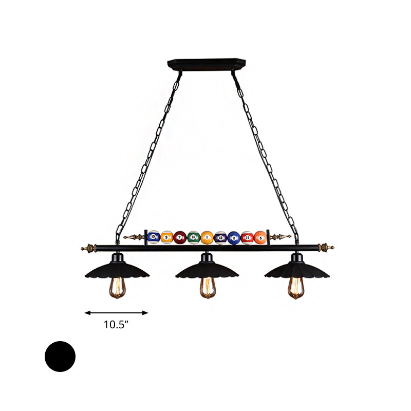 2/3-Light Scalloped Pool Table Light with Billiard Ball Decoration Vintage Metallic Hanging Light in Black Clearhalo 'Ceiling Lights' 'Island Lights' Lighting' 602031