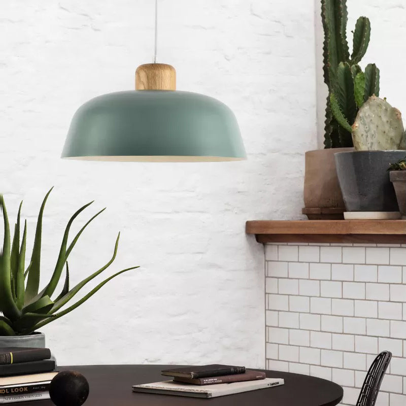 12"/15" Wide Bowl Shade Metallic Hanging Light Macaron Style 1 Bulb Kitchen Ceiling Pendant Lamp in Green/Pink Green Clearhalo 'Ceiling Lights' 'Modern Pendants' 'Modern' 'Pendant Lights' 'Pendants' Lighting' 602032