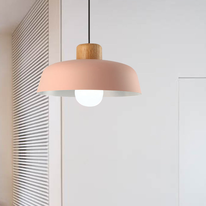 12"/15" Wide Bowl Shade Metallic Hanging Light Macaron Style 1 Bulb Kitchen Ceiling Pendant Lamp in Green/Pink Pink Clearhalo 'Ceiling Lights' 'Modern Pendants' 'Modern' 'Pendant Lights' 'Pendants' Lighting' 602046