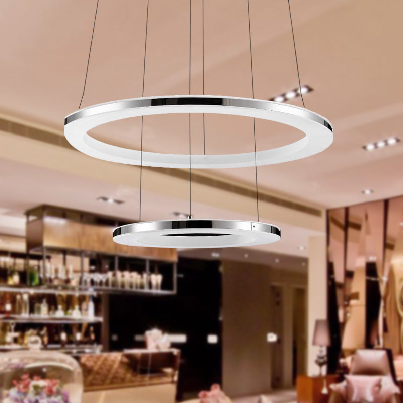 Acrylic Round Ceiling Pendant Contemporary LED 1/2/3-Head Silver Chandelier in Warm/White Light Silver Double Ring Clearhalo 'Ceiling Lights' 'Chandeliers' 'Modern Chandeliers' 'Modern' Lighting' 602197