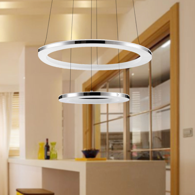 Acrylic Round Ceiling Pendant Contemporary LED 1/2/3-Head Silver Chandelier in Warm/White Light Clearhalo 'Ceiling Lights' 'Chandeliers' 'Modern Chandeliers' 'Modern' Lighting' 602198