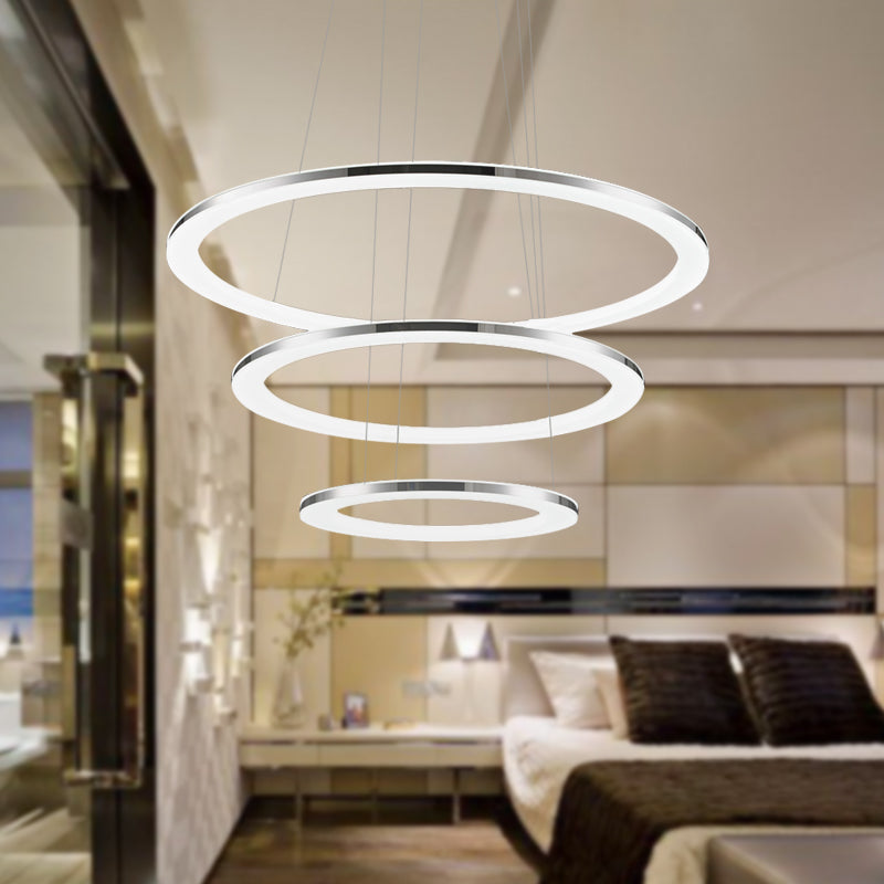 Acrylic Round Ceiling Pendant Contemporary LED 1/2/3-Head Silver Chandelier in Warm/White Light Silver Three Rings Clearhalo 'Ceiling Lights' 'Chandeliers' 'Modern Chandeliers' 'Modern' Lighting' 602202