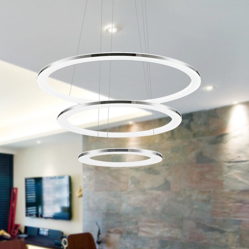 Acrylic Round Ceiling Pendant Contemporary LED 1/2/3-Head Silver Chandelier in Warm/White Light Clearhalo 'Ceiling Lights' 'Chandeliers' 'Modern Chandeliers' 'Modern' Lighting' 602203