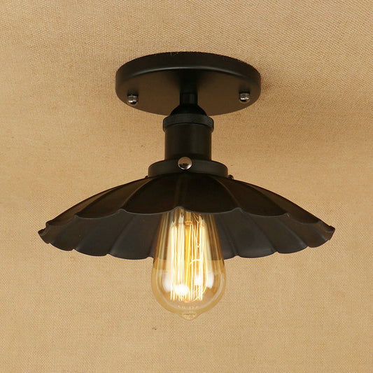 1 Head Iron Semi Flush Light Antique Style Rust/Black Scalloped Shade Balcony Semi Flush Mount Lighting Black Clearhalo 'Ceiling Lights' 'Close To Ceiling Lights' 'Close to ceiling' 'Flush mount' 'Industrial Flush Mount' Lighting' 602326