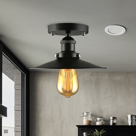 Black/Brass Flat Shade Semi Flush Light Vintage Style Metal 1 Bulb Kitchen Semi Flush Mount Lighting Clearhalo 'Ceiling Lights' 'Close To Ceiling Lights' 'Close to ceiling' 'Flush mount' 'Industrial Flush Mount' Lighting' 602385