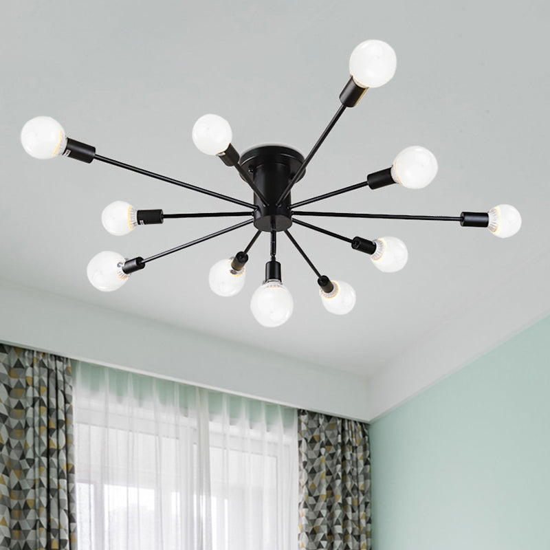 6/8 Heads Ceiling Light Fixture with Exposed Bulb Metal Retro Style Bedroom Semi Flush Mount Lighting in Black/White 11 Black Clearhalo 'Ceiling Lights' 'Close To Ceiling Lights' 'Close to ceiling' 'Semi-flushmount' Lighting' 602513