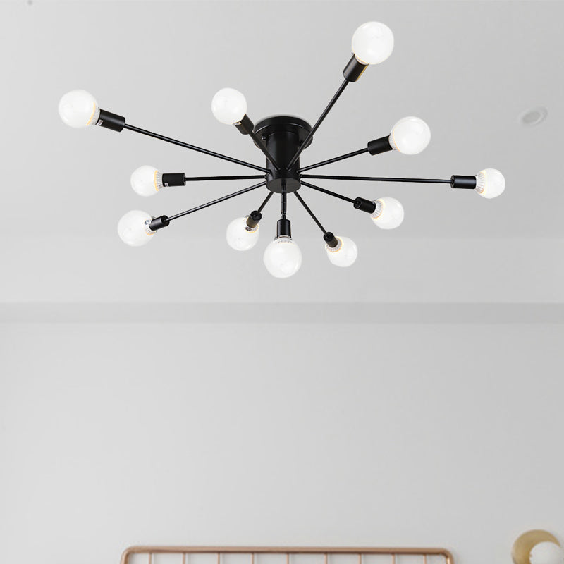 6/8 Heads Ceiling Light Fixture with Exposed Bulb Metal Retro Style Bedroom Semi Flush Mount Lighting in Black/White Clearhalo 'Ceiling Lights' 'Close To Ceiling Lights' 'Close to ceiling' 'Semi-flushmount' Lighting' 602515