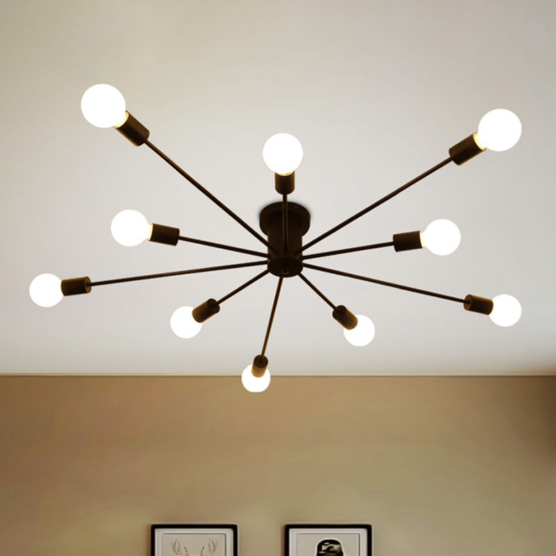 6/8 Heads Ceiling Light Fixture with Exposed Bulb Metal Retro Style Bedroom Semi Flush Mount Lighting in Black/White 10 Black Clearhalo 'Ceiling Lights' 'Close To Ceiling Lights' 'Close to ceiling' 'Semi-flushmount' Lighting' 602518