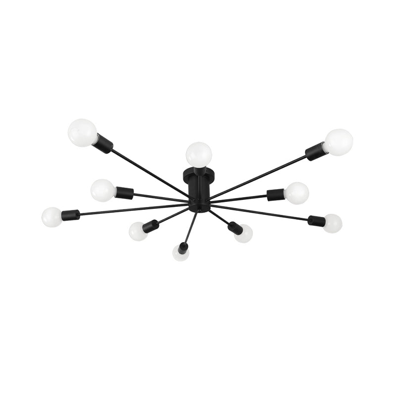 6/8 Heads Ceiling Light Fixture with Exposed Bulb Metal Retro Style Bedroom Semi Flush Mount Lighting in Black/White Clearhalo 'Ceiling Lights' 'Close To Ceiling Lights' 'Close to ceiling' 'Semi-flushmount' Lighting' 602521