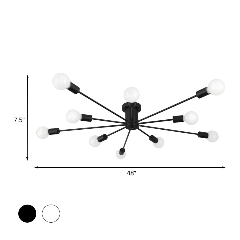 6/8 Heads Ceiling Light Fixture with Exposed Bulb Metal Retro Style Bedroom Semi Flush Mount Lighting in Black/White Clearhalo 'Ceiling Lights' 'Close To Ceiling Lights' 'Close to ceiling' 'Semi-flushmount' Lighting' 602522