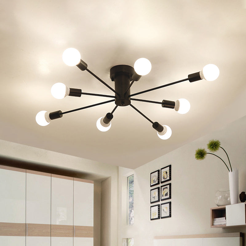 6/8 Heads Ceiling Light Fixture with Exposed Bulb Metal Retro Style Bedroom Semi Flush Mount Lighting in Black/White Clearhalo 'Ceiling Lights' 'Close To Ceiling Lights' 'Close to ceiling' 'Semi-flushmount' Lighting' 602524