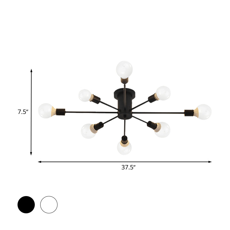 6/8 Heads Ceiling Light Fixture with Exposed Bulb Metal Retro Style Bedroom Semi Flush Mount Lighting in Black/White Clearhalo 'Ceiling Lights' 'Close To Ceiling Lights' 'Close to ceiling' 'Semi-flushmount' Lighting' 602527