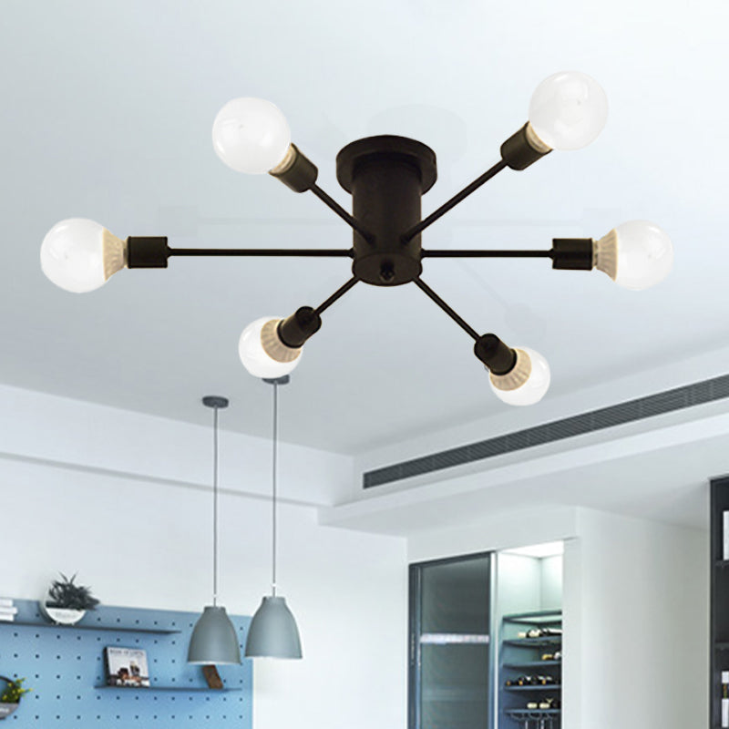 6/8 Heads Ceiling Light Fixture with Exposed Bulb Metal Retro Style Bedroom Semi Flush Mount Lighting in Black/White 6 Black Clearhalo 'Ceiling Lights' 'Close To Ceiling Lights' 'Close to ceiling' 'Semi-flushmount' Lighting' 602528