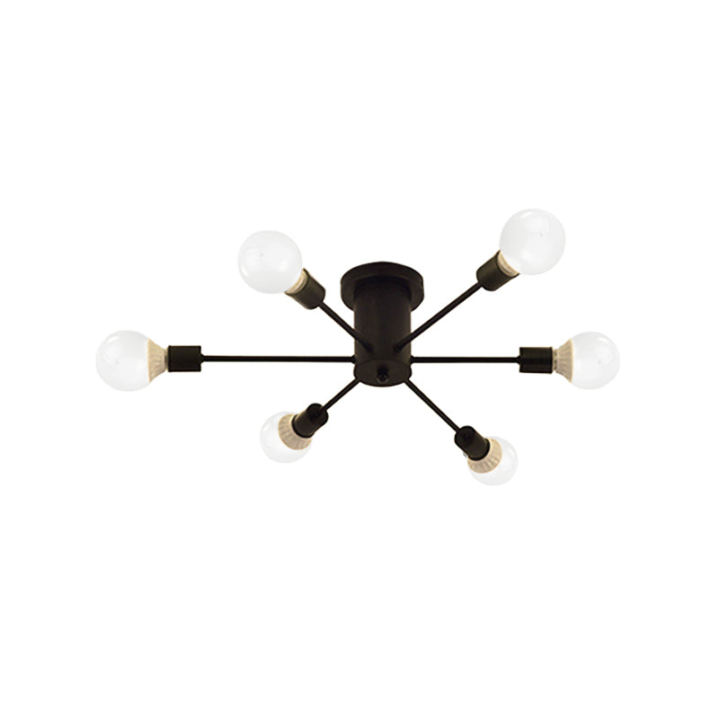 6/8 Heads Ceiling Light Fixture with Exposed Bulb Metal Retro Style Bedroom Semi Flush Mount Lighting in Black/White Clearhalo 'Ceiling Lights' 'Close To Ceiling Lights' 'Close to ceiling' 'Semi-flushmount' Lighting' 602531