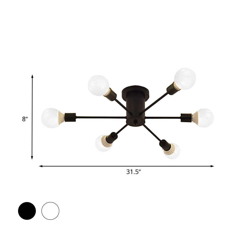 6/8 Heads Ceiling Light Fixture with Exposed Bulb Metal Retro Style Bedroom Semi Flush Mount Lighting in Black/White Clearhalo 'Ceiling Lights' 'Close To Ceiling Lights' 'Close to ceiling' 'Semi-flushmount' Lighting' 602532