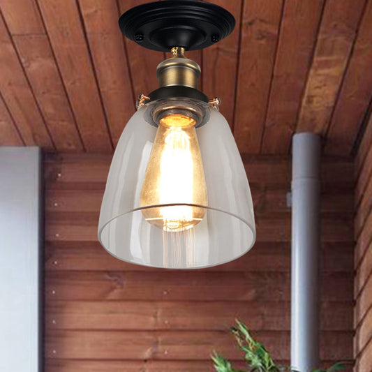 One Bulb Lighting Fixture Vintage Cone Clear Glass Semi Flush Mount Light in Antique Brass for Hallway Antique Brass Clearhalo 'Ceiling Lights' 'Close To Ceiling Lights' 'Close to ceiling' 'Glass shade' 'Glass' 'Semi-flushmount' Lighting' 602633