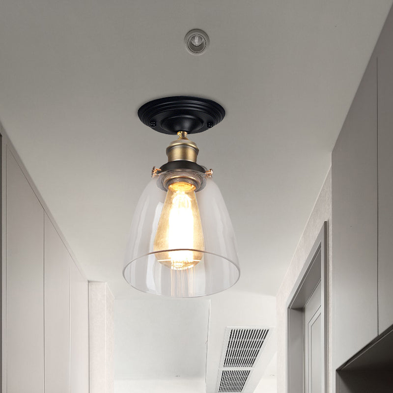 One Bulb Lighting Fixture Vintage Cone Clear Glass Semi Flush Mount Light in Antique Brass for Hallway Clearhalo 'Ceiling Lights' 'Close To Ceiling Lights' 'Close to ceiling' 'Glass shade' 'Glass' 'Semi-flushmount' Lighting' 602634