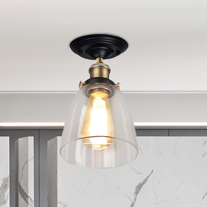 One Bulb Lighting Fixture Vintage Cone Clear Glass Semi Flush Mount Light in Antique Brass for Hallway Clearhalo 'Ceiling Lights' 'Close To Ceiling Lights' 'Close to ceiling' 'Glass shade' 'Glass' 'Semi-flushmount' Lighting' 602635
