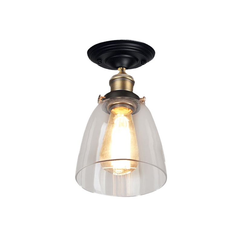 One Bulb Lighting Fixture Vintage Cone Clear Glass Semi Flush Mount Light in Antique Brass for Hallway Clearhalo 'Ceiling Lights' 'Close To Ceiling Lights' 'Close to ceiling' 'Glass shade' 'Glass' 'Semi-flushmount' Lighting' 602636