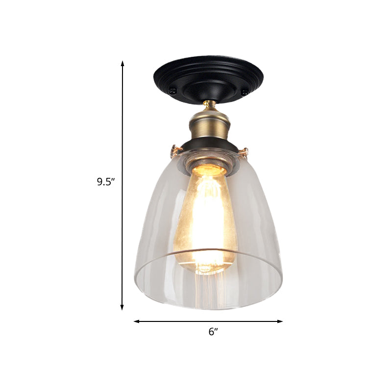 One Bulb Lighting Fixture Vintage Cone Clear Glass Semi Flush Mount Light in Antique Brass for Hallway Clearhalo 'Ceiling Lights' 'Close To Ceiling Lights' 'Close to ceiling' 'Glass shade' 'Glass' 'Semi-flushmount' Lighting' 602637