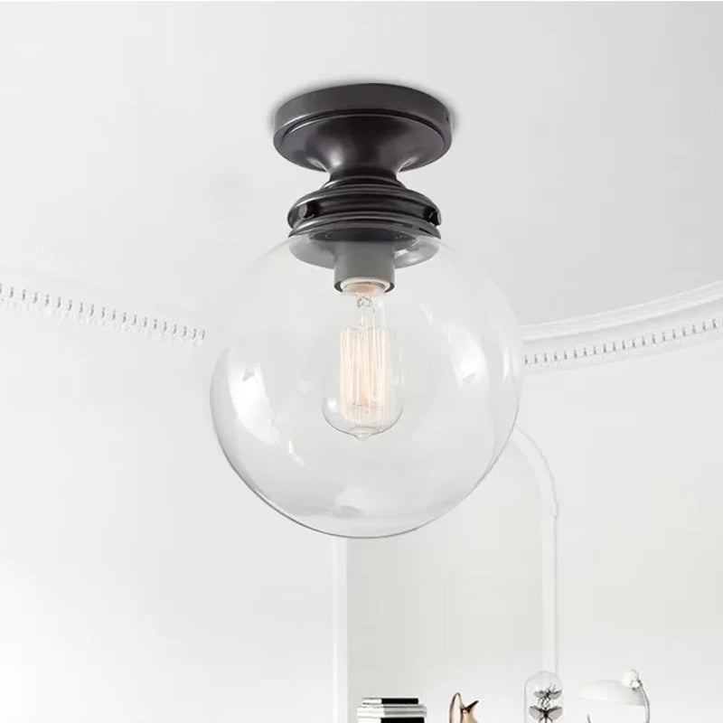 Single Bulb Semi Flush Mount Industrial Globe Clear Glass Ceiling Light in Black for Kitchen Clear Clearhalo 'Ceiling Lights' 'Close To Ceiling Lights' 'Close to ceiling' 'Glass shade' 'Glass' 'Semi-flushmount' Lighting' 602638