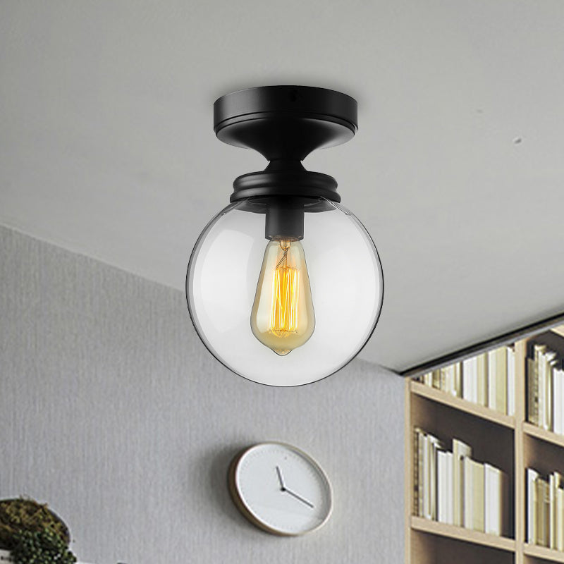 Single Bulb Semi Flush Mount Industrial Globe Clear Glass Ceiling Light in Black for Kitchen Clearhalo 'Ceiling Lights' 'Close To Ceiling Lights' 'Close to ceiling' 'Glass shade' 'Glass' 'Semi-flushmount' Lighting' 602639