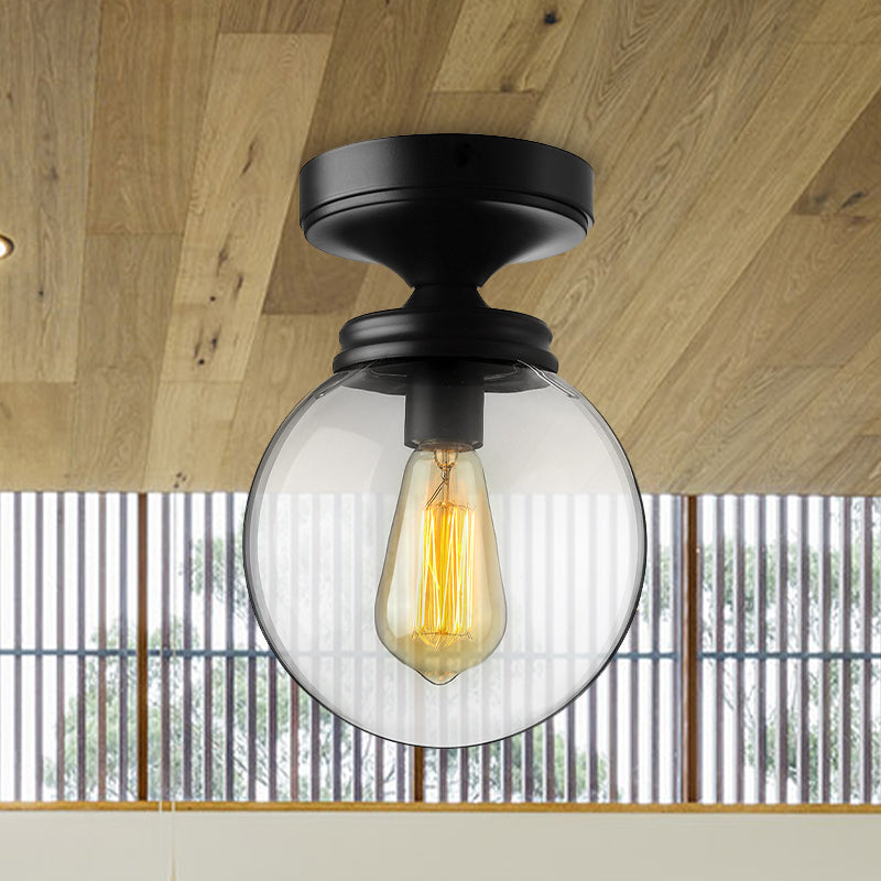 Single Bulb Semi Flush Mount Industrial Globe Clear Glass Ceiling Light in Black for Kitchen Clearhalo 'Ceiling Lights' 'Close To Ceiling Lights' 'Close to ceiling' 'Glass shade' 'Glass' 'Semi-flushmount' Lighting' 602640