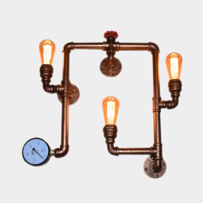 3-Head Iron Sconce Light Industrial Copper Finish Twisted Living Room Wall Mount Pipe Lamp with Gauge Deco Clearhalo 'Art deco wall lights' 'Cast Iron' 'Glass' 'Industrial wall lights' 'Industrial' 'Middle century wall lights' 'Modern' 'Rustic wall lights' 'Tiffany' 'Traditional wall lights' 'Wall Lamps & Sconces' 'Wall Lights' Lighting' 602703