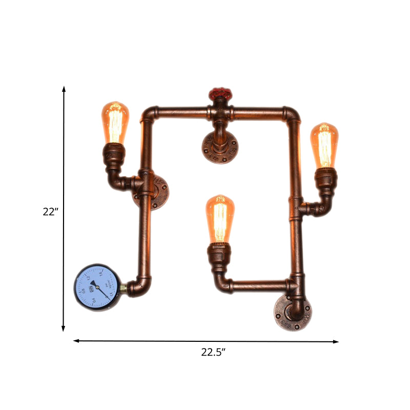 3-Head Iron Sconce Light Industrial Copper Finish Twisted Living Room Wall Mount Pipe Lamp with Gauge Deco Clearhalo 'Art deco wall lights' 'Cast Iron' 'Glass' 'Industrial wall lights' 'Industrial' 'Middle century wall lights' 'Modern' 'Rustic wall lights' 'Tiffany' 'Traditional wall lights' 'Wall Lamps & Sconces' 'Wall Lights' Lighting' 602704