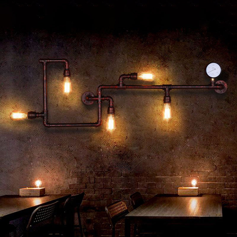 Maze Pipe Restaurant Sconce Vintage Metallic 5-Bulb Copper Wall Mount Lighting with Gauge Deco Copper Clearhalo 'Art deco wall lights' 'Cast Iron' 'Glass' 'Industrial wall lights' 'Industrial' 'Middle century wall lights' 'Modern' 'Rustic wall lights' 'Tiffany' 'Traditional wall lights' 'Wall Lamps & Sconces' 'Wall Lights' Lighting' 602705