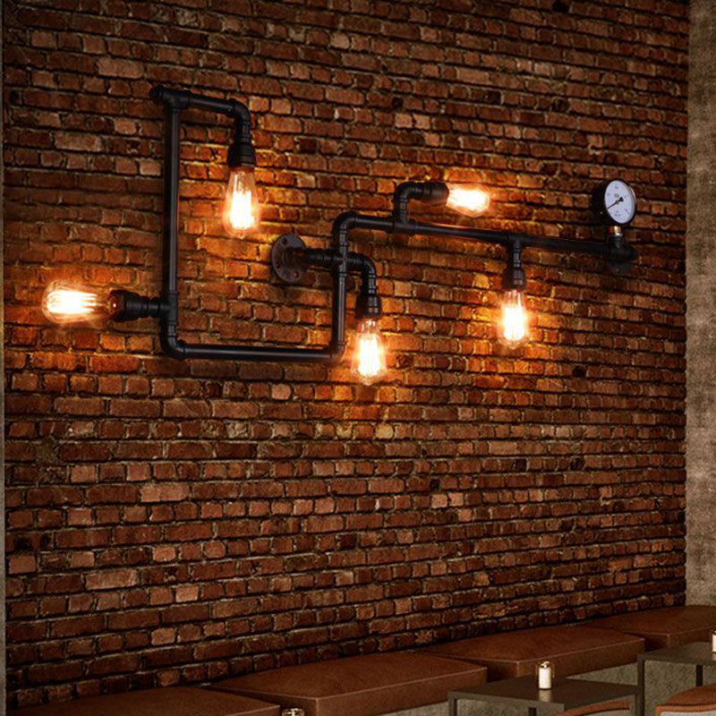 Maze Pipe Restaurant Sconce Vintage Metallic 5-Bulb Copper Wall Mount Lighting with Gauge Deco Clearhalo 'Art deco wall lights' 'Cast Iron' 'Glass' 'Industrial wall lights' 'Industrial' 'Middle century wall lights' 'Modern' 'Rustic wall lights' 'Tiffany' 'Traditional wall lights' 'Wall Lamps & Sconces' 'Wall Lights' Lighting' 602706