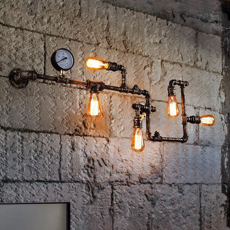 Industrial Twisted Pipe Wall Light Fixture 5 Heads Iron Wall Mount Sconce in Black/Bronze for Bedroom Clearhalo 'Art deco wall lights' 'Cast Iron' 'Glass' 'Industrial wall lights' 'Industrial' 'Middle century wall lights' 'Modern' 'Rustic wall lights' 'Tiffany' 'Traditional wall lights' 'Wall Lamps & Sconces' 'Wall Lights' Lighting' 602711
