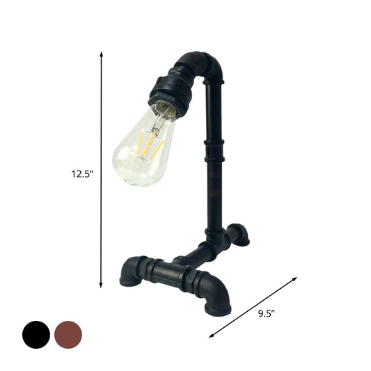 1 Light Exposed Bulb Arm Night Table Light Antiqued Rust/Black Metal Plug In Desk Lamp with Pipe-Like Base Clearhalo 'Lamps' 'Table Lamps' Lighting' 602783