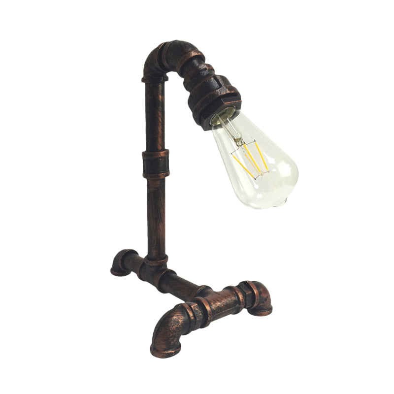 1 Light Exposed Bulb Arm Night Table Light Antiqued Rust/Black Metal Plug In Desk Lamp with Pipe-Like Base Clearhalo 'Lamps' 'Table Lamps' Lighting' 602786