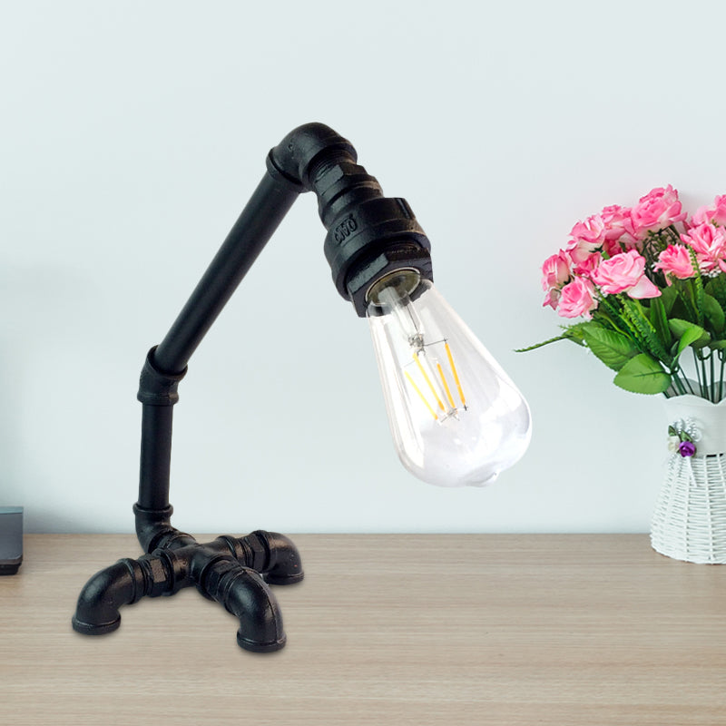 Metallic Bare Bulb Desk Light Vintage 1-Light Bedroom Plug-In Table Lamp in Rust/Black with Cross Pipe Base Clearhalo 'Lamps' 'Table Lamps' Lighting' 602795