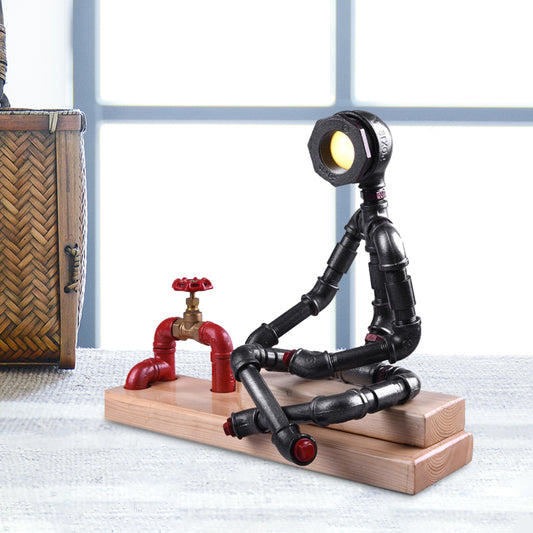 Iron Cross Legged Thinker Table Light Industrial LED Bedroom Night Lamp in Black with Valve Deco and Rectangle Wood Base Black Clearhalo 'Lamps' 'Table Lamps' Lighting' 602831