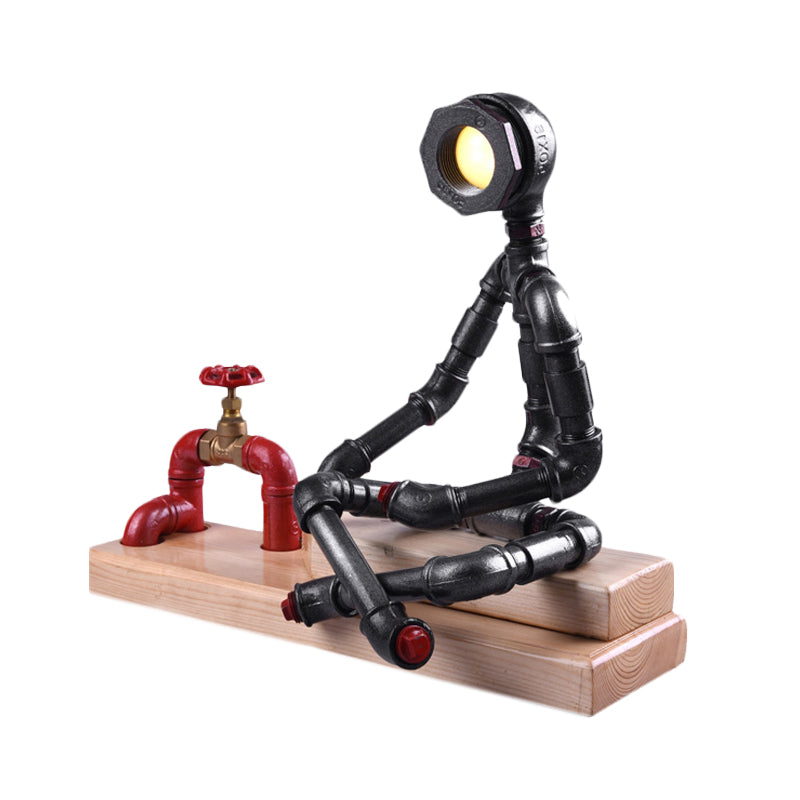 Iron Cross Legged Thinker Table Light Industrial LED Bedroom Night Lamp in Black with Valve Deco and Rectangle Wood Base Clearhalo 'Lamps' 'Table Lamps' Lighting' 602833