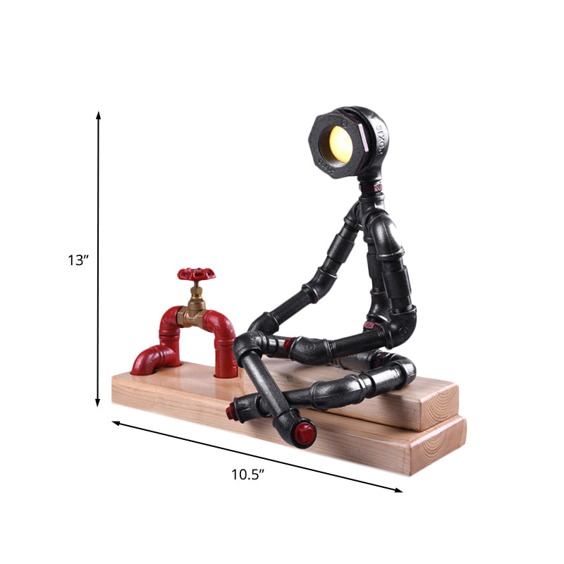 Iron Cross Legged Thinker Table Light Industrial LED Bedroom Night Lamp in Black with Valve Deco and Rectangle Wood Base Clearhalo 'Lamps' 'Table Lamps' Lighting' 602835