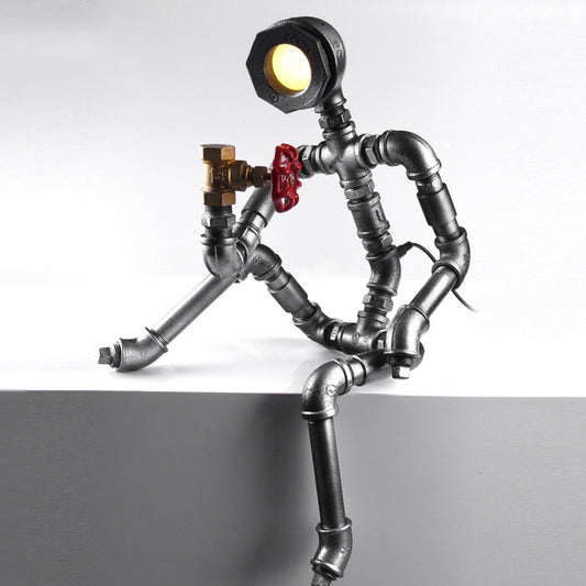 LED Table Light Industrial Thinking Robot Iron Plug-In Night Lamp in Silver with Red Valve Clearhalo 'Lamps' 'Table Lamps' Lighting' 602837