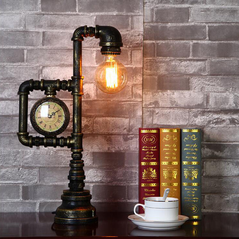 Black 1 Light Table Lighting Farmhouse Iron Water Pipe Nightstand Lamp with Gauge for Study Room Clearhalo 'Lamps' 'Table Lamps' Lighting' 602875