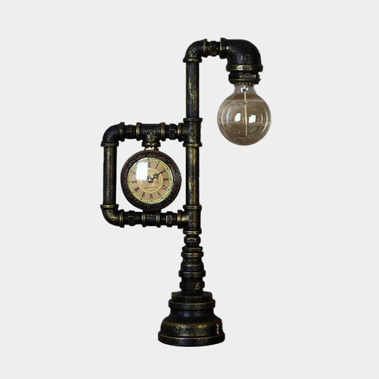 Black 1 Light Table Lighting Farmhouse Iron Water Pipe Nightstand Lamp with Gauge for Study Room Clearhalo 'Lamps' 'Table Lamps' Lighting' 602877