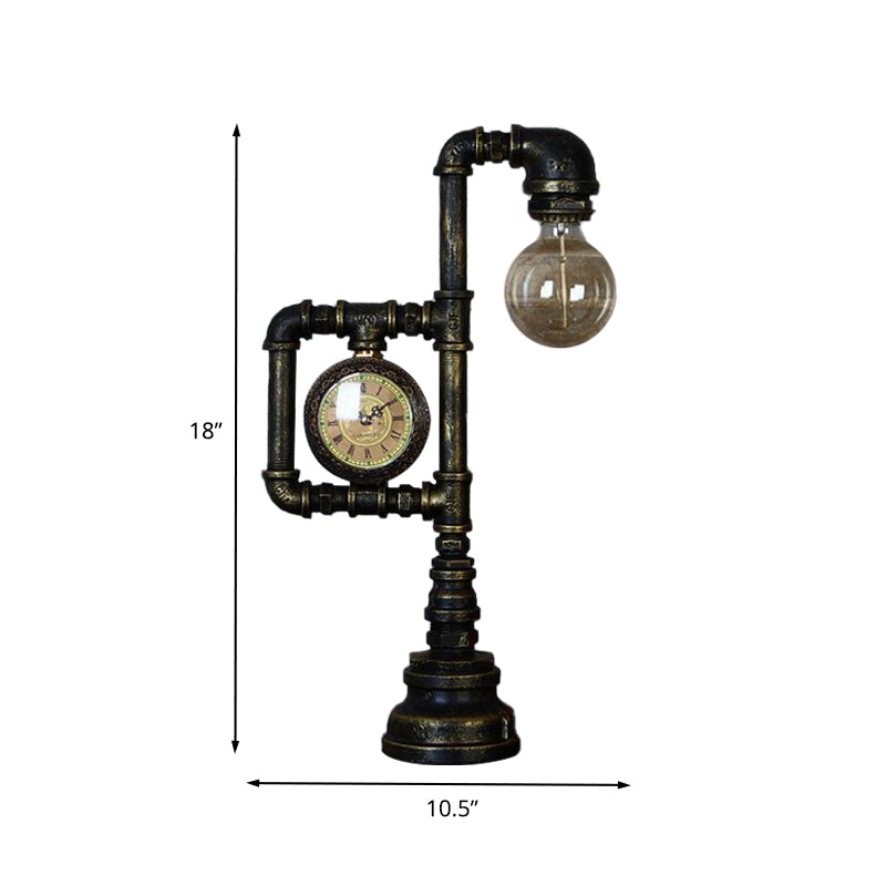 Black 1 Light Table Lighting Farmhouse Iron Water Pipe Nightstand Lamp with Gauge for Study Room Clearhalo 'Lamps' 'Table Lamps' Lighting' 602878