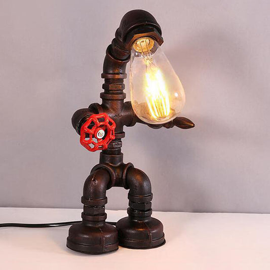 Robot Bedside Night Lighting Vintage Metallic 1-Bulb Bronze Finish Pipe Desk Lamp with Red Valve Deco Bronze Clearhalo 'Lamps' 'Table Lamps' Lighting' 602886