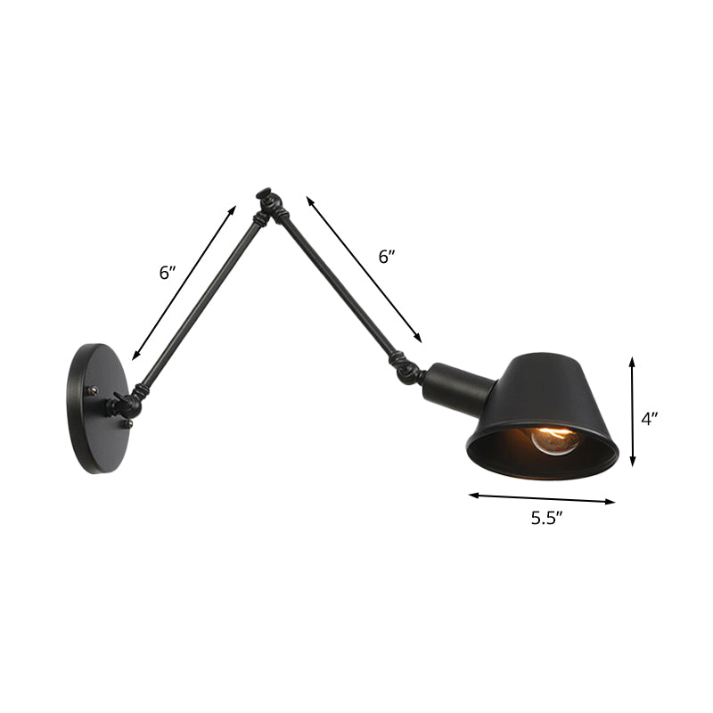 1 Bulb Wall Light Sconce Industrial Bar Wall Mounted Lamp with Bell Metal Shade in Black, 6"+6"/12"+6" Length of Swing Arm Clearhalo 'Art deco wall lights' 'Cast Iron' 'Glass' 'Industrial wall lights' 'Industrial' 'Middle century wall lights' 'Modern' 'Rustic wall lights' 'Tiffany' 'Traditional wall lights' 'Wall Lamps & Sconces' 'Wall Lights' Lighting' 602962