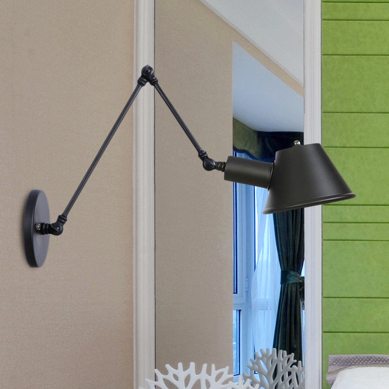 1 Bulb Wall Light Sconce Industrial Bar Wall Mounted Lamp with Bell Metal Shade in Black, 6"+6"/12"+6" Length of Swing Arm Black 12"+6" Clearhalo 'Art deco wall lights' 'Cast Iron' 'Glass' 'Industrial wall lights' 'Industrial' 'Middle century wall lights' 'Modern' 'Rustic wall lights' 'Tiffany' 'Traditional wall lights' 'Wall Lamps & Sconces' 'Wall Lights' Lighting' 602963
