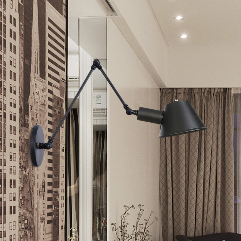 1 Bulb Wall Light Sconce Industrial Bar Wall Mounted Lamp with Bell Metal Shade in Black, 6"+6"/12"+6" Length of Swing Arm Clearhalo 'Art deco wall lights' 'Cast Iron' 'Glass' 'Industrial wall lights' 'Industrial' 'Middle century wall lights' 'Modern' 'Rustic wall lights' 'Tiffany' 'Traditional wall lights' 'Wall Lamps & Sconces' 'Wall Lights' Lighting' 602964