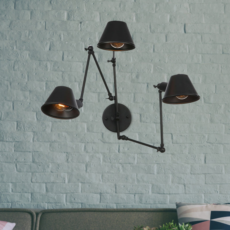 2/3 Lights Iron Sconce Lighting Antiqued Black Finish Swing Arm Bedroom Wall Lamp with Bell Shade Clearhalo 'Art deco wall lights' 'Cast Iron' 'Glass' 'Industrial wall lights' 'Industrial' 'Middle century wall lights' 'Modern' 'Rustic wall lights' 'Tiffany' 'Traditional wall lights' 'Wall Lamps & Sconces' 'Wall Lights' Lighting' 602996
