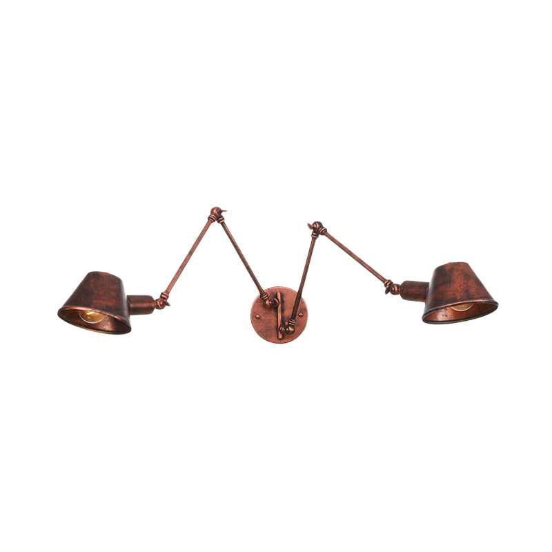 2/3 Bulbs Swing Arm Wall Light Sconce Industrial Rust Finish Metal Wall Mounted Lamp with Cone Shade Clearhalo 'Art deco wall lights' 'Cast Iron' 'Glass' 'Industrial wall lights' 'Industrial' 'Middle century wall lights' 'Modern' 'Rustic wall lights' 'Tiffany' 'Traditional wall lights' 'Wall Lamps & Sconces' 'Wall Lights' Lighting' 603015