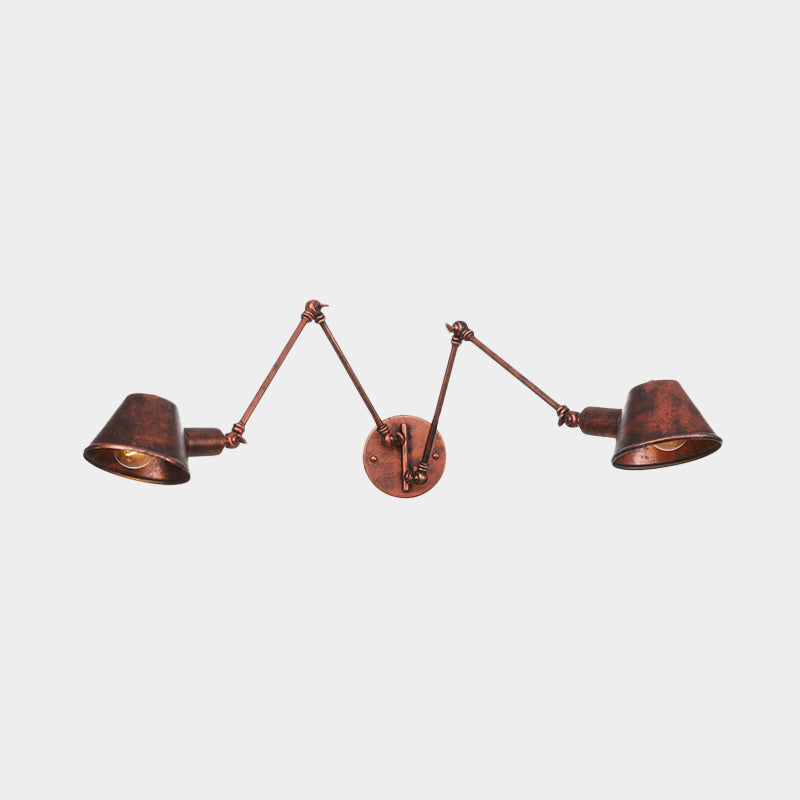 2/3 Bulbs Swing Arm Wall Light Sconce Industrial Rust Finish Metal Wall Mounted Lamp with Cone Shade Clearhalo 'Art deco wall lights' 'Cast Iron' 'Glass' 'Industrial wall lights' 'Industrial' 'Middle century wall lights' 'Modern' 'Rustic wall lights' 'Tiffany' 'Traditional wall lights' 'Wall Lamps & Sconces' 'Wall Lights' Lighting' 603016